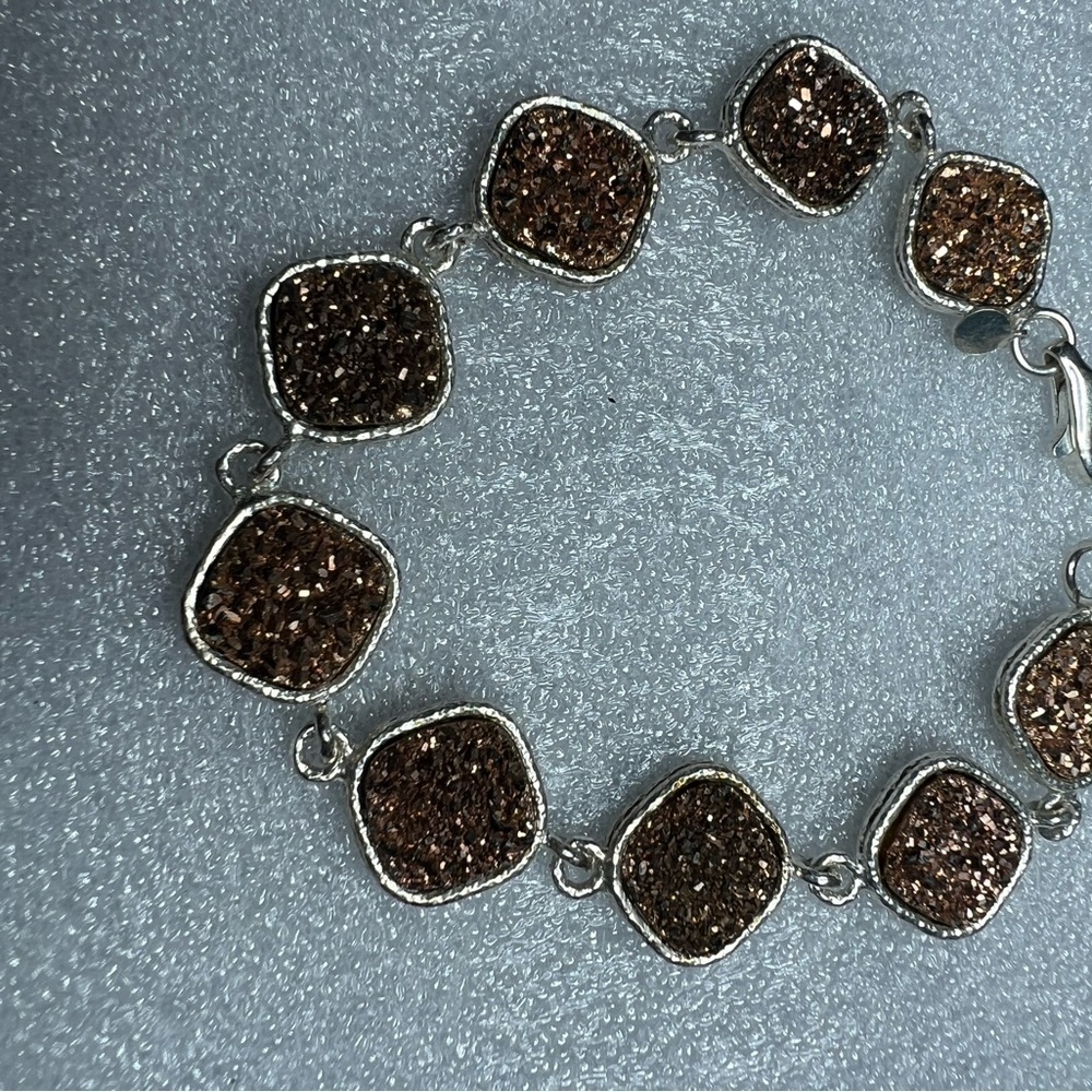 Vintage Milor Sterling Silver Cushion Shaped Gold Druzy Link Bracelet - Picture 3 of 7